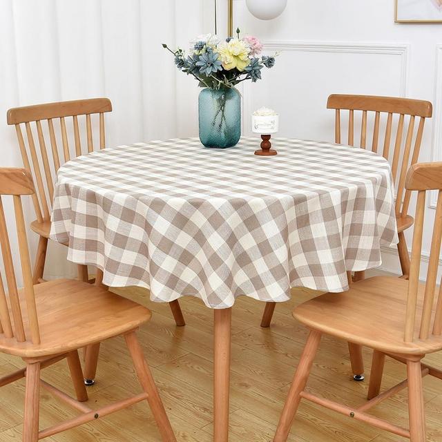 Yofori Gingham Round Tablecloth Table Cloth Heavy Duty Cotton Checkered Table Cloth Round Cover for Dining Room (R-Beige, 53 inch Diameter)