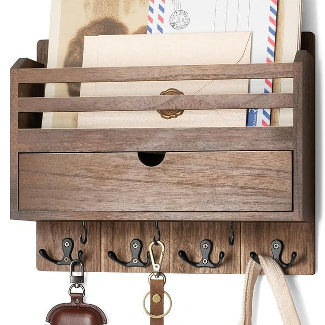 Rebee Vision Farmhouse Wood Mail Organizer Wall Mount - Key and Mail Holder for Wall with Storage Drawer and 7 Key Hooks - Rustic Home Decor for Entryway, Office and Garage (Retro Brown)