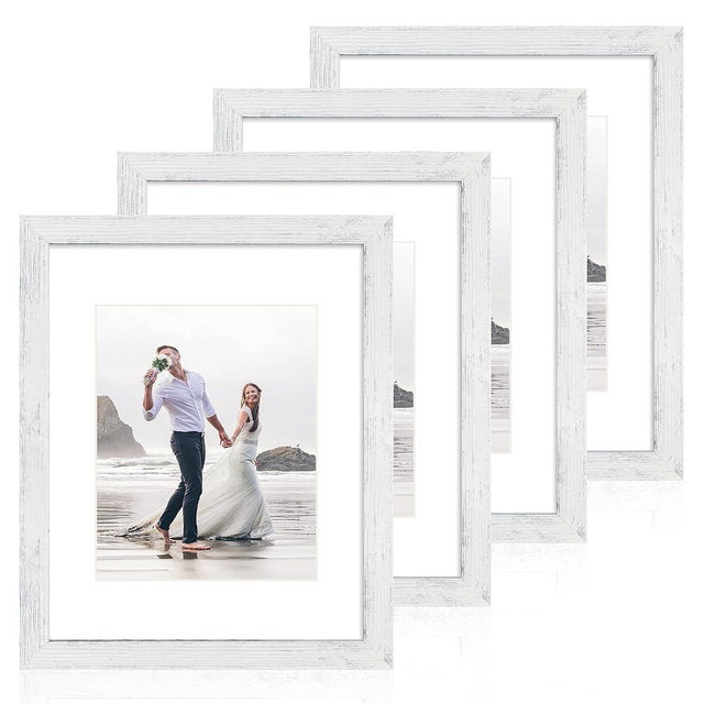 iRahmen 11x14 Picture Frame Set of 4 with Tempered Glass, Distressed White Frame Display 8x10 Picture with Mat or 11 x 14 Without Mat, Wood Rustic Photo Frames for Horizontal or Vertical Wall Mounting
