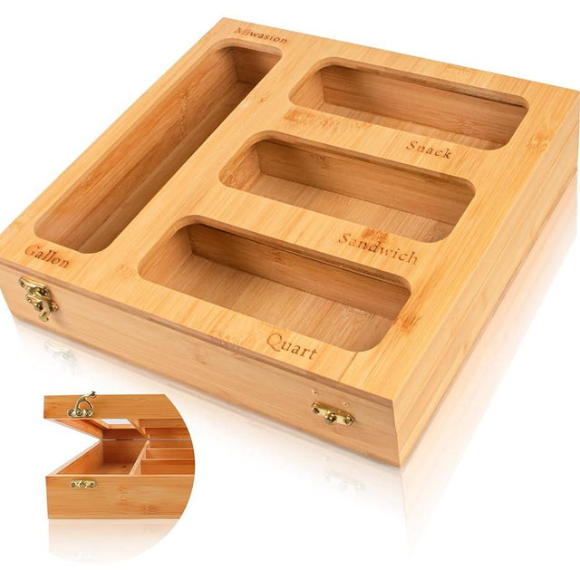 Bamboo Food Bag Organizer for Kitchen Drawer, a bamboo 4 slots - made dispenser container for plastic bags.Suitable for Gallon Quart Sandwich & Snack Variety Size Bag