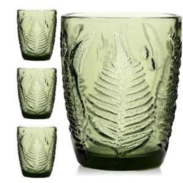 Vintage Green Drinking Glasses Set of 4, 10 oz Handcrafted Deep Textured Glass Cups, Fern Embossed Retro Glassware, Decorative Cocktail Tumblers for Home & Bar, Artisan Made Colored Drinkware Gift Set