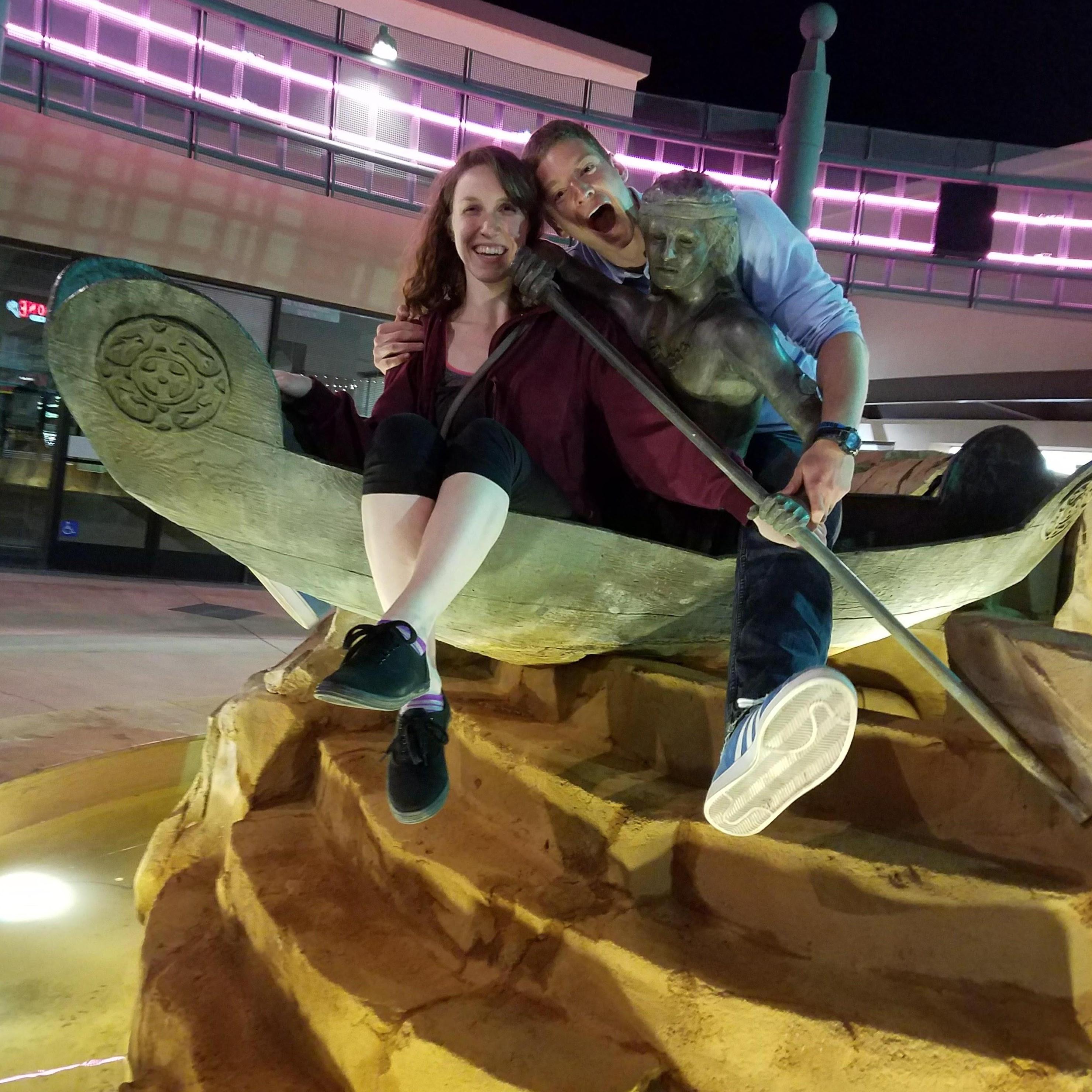 One of our first dates after Stu returned from Korea! We were definitely not suppose to climb into this canoe statue - but it was so much fun! And now our wedding is just around the riverbend.