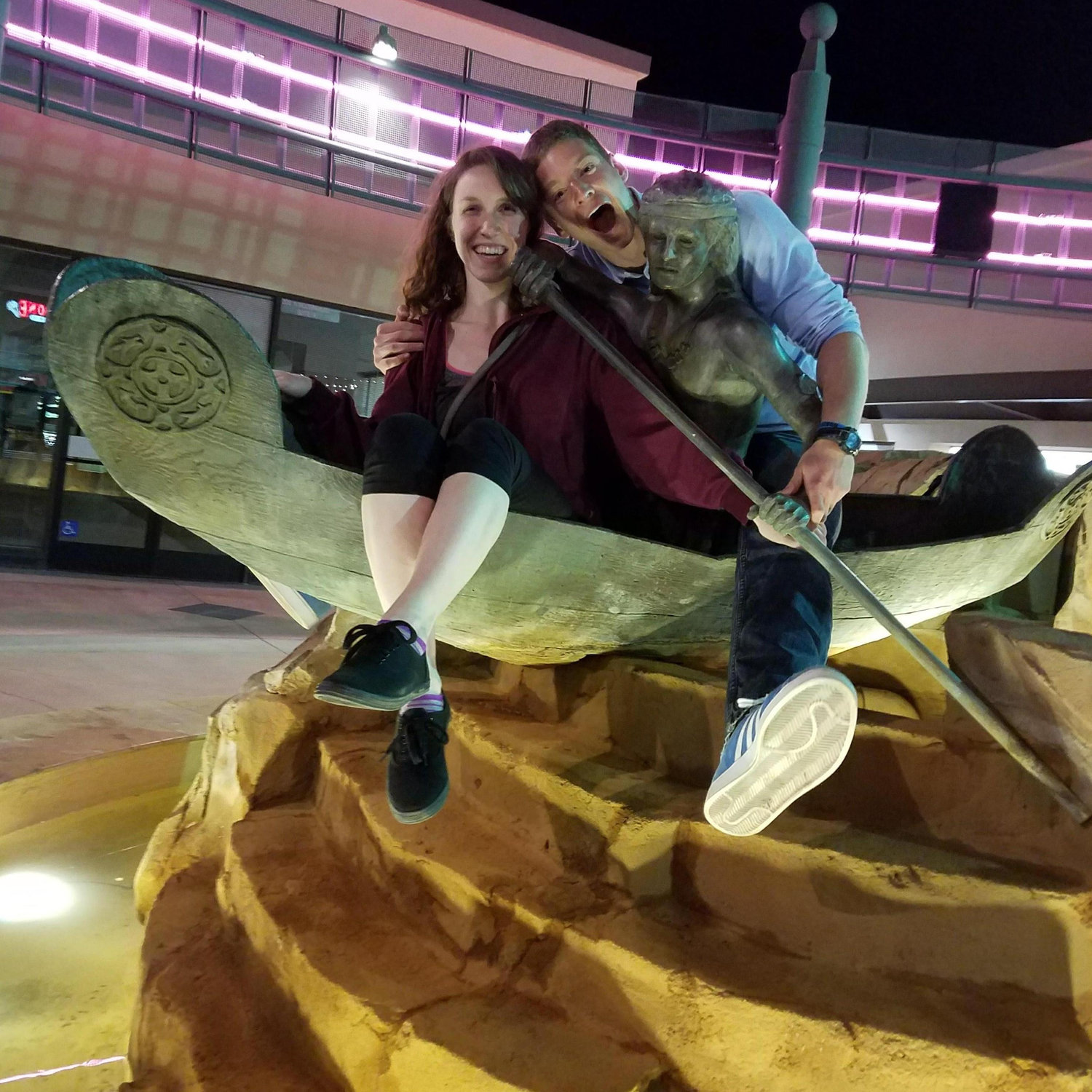 One of our first dates after Stu returned from Korea! We were definitely not suppose to climb into this canoe statue - but it was so much fun! And now our wedding is just around the riverbend.