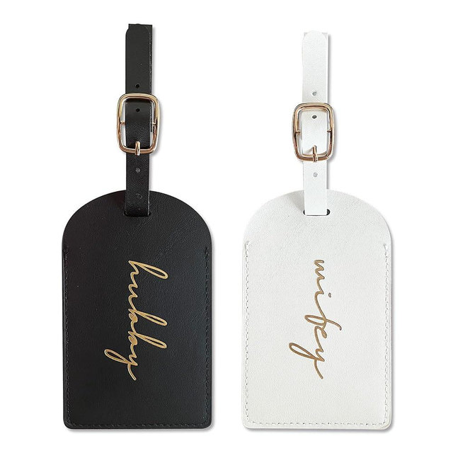 Mr&Mrs Gifts Hubby and Wifey Luggage Tags, Gold Foil Embossed Leather Bag Tags Travel ID Tags with Adjustable Strap, Wedding Honeymoon Essentials Gift for Mr and Mrs(HW Black-White)
