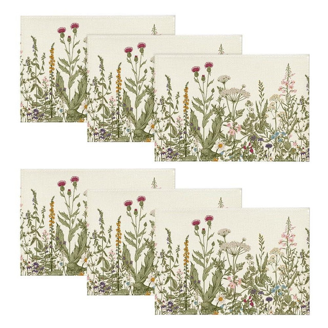 Artoid Mode Antique Herbs and Wild Flowers Spring Placemats Set of 6, 12x18 Inch Seasonal Summer Table Mats for Party Kitchen Dining Decoration