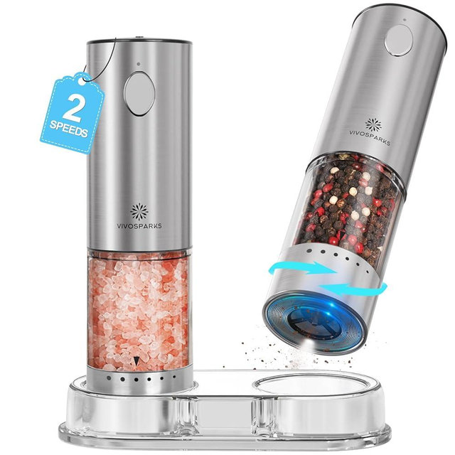 Vivosparks Electric Salt and Pepper Grinder Set, Upgraded 2-Speed Rechargeable Mills with 6-Level External Adjustable Coarseness, Stainless Steel, One-Hand Use, Storage Base & Gift Packaging