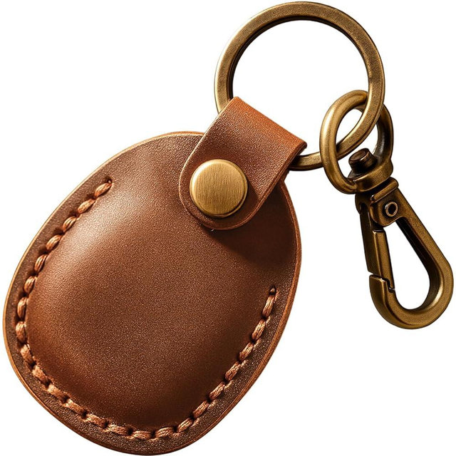 Q1T5 Genuine Leather AirTag Holder Compatible with Apple AirTag 2nd Gen & 1st Gen, Handmade Leather Air tag Keychain with Key Rings, Hidden Air tags Case Accessories - Brown