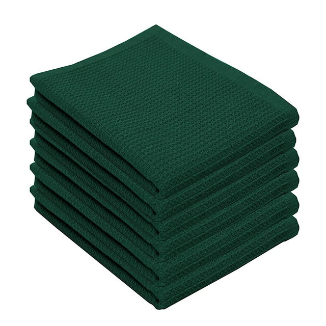 PurpleEssences Waffle Kitchen Dish Towels Set of 6-100% Cotton Dish Towels with Hanging Loop - Soft Absorbent Quick Drying Table and Kitchen Linen Forest Green