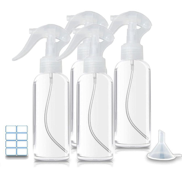 KwoKmarK Small Spray Bottles, Hair Spray Bottle 3.5oz/100ml Clear Plastic Fine Mist Travel Size Mini Empty Bottle Set Refillable Reusable Liquid Container for Essential Oils Water Squirt (4 Pack)