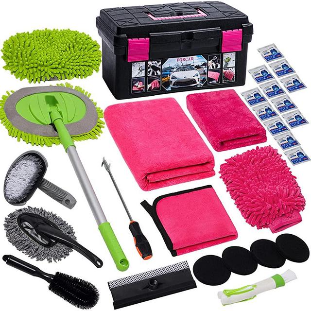 FORCAR 29Pcs Car Cleaning Kit Wash Tools Set with 41" Long Handle Brush Mop, Extendable Long Pole Window Water Scraper, Wash Mitt Large Towels, Storage Box for Interior and Exterior Detailing, Pink