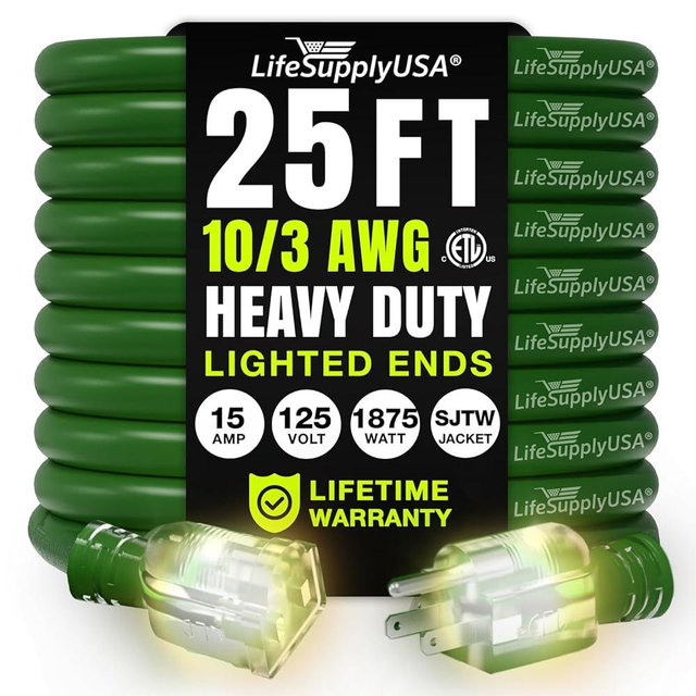 25ft Outdoor/Indoor Extension Cord 10/3 Gauge Ultra Heavy Duty 3 Prong SJTW, Waterproof, ETL Listed, Flexible Cold-Resistant Long Power Cord,125 Amp 1875W, Green by LifeSupplyUSA