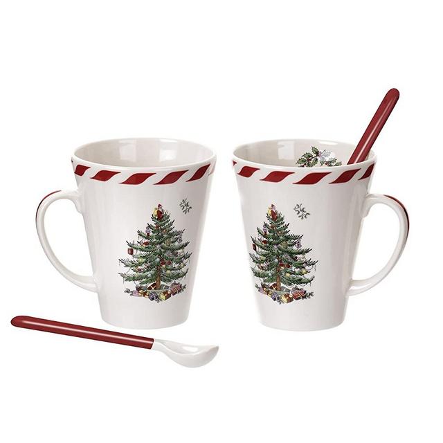 Spode Christmas Tree 14 Oz. Peppermint Mugs with Spoons (Set of 2)- Fine Earthenware