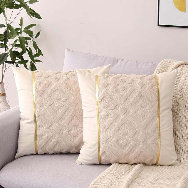 Gujiahone Decorative Pillow Cover 18 x 18 Inch Set of 2 Soft Plush Short Faux Wool Velvet Patchwork with Gold Leather Luxury Modern Cushion Cases for Couch Living Room Bedroom