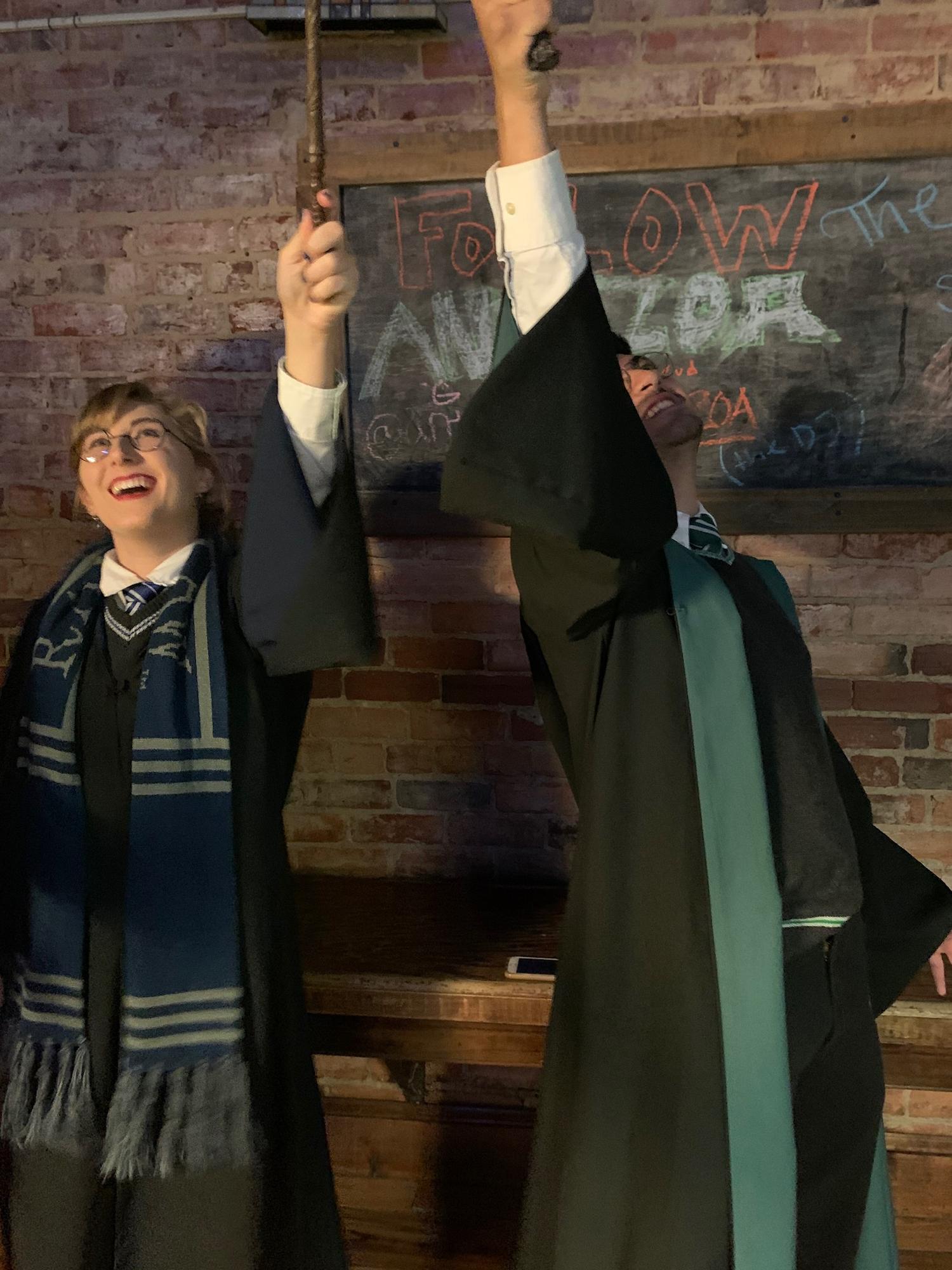 Esteban and Mallory dressed as Hogwarts students for Halloween