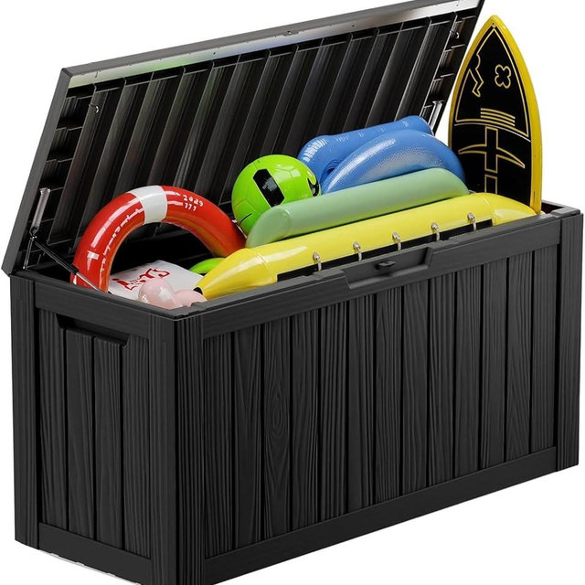 EasyUp 80 Gallon UV Resistant Outdoor Storage Box Waterproof, Lockable Resin Deck Box for Garden Tools, Sports Equipment and Cushions, Black