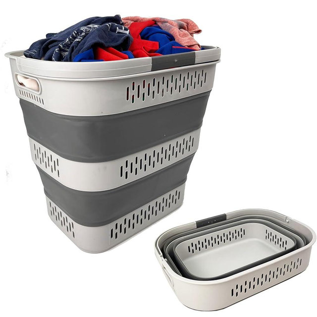 SAMMART 38L(10 Gal) Collapsible Laundry Basket - Foldable Pop-Up Storage Container/Organizer-Portable Space Saving Hamper, Measure 17.5x13.3x15.7/3.8" Expanded/Collapsed (1, Grey)
