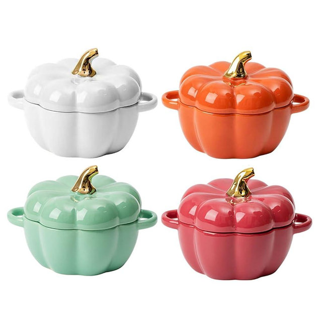 FYUEROPA Pumpkin Bowl Set with Lid and Handle, Set of 4 Ceramic Ramekins for Baking, Casserole Dish Individual Severing Pot, Stoneware, Oven Safe, 14 Oz(Four Colors)