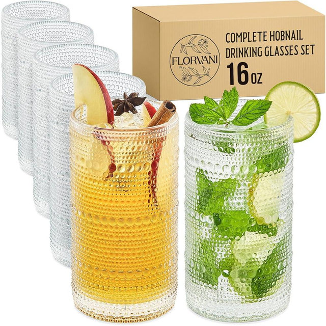 Florvani 16 Oz Hobnail Drinking Glasses Set of 6 - Clear Multipurpose Glassware Sets, Decorative & Stylish Glasses Drinking Set for Bar, Kitchen, Cocktail Glassware, Garden - Home, Dining, & Kitchen