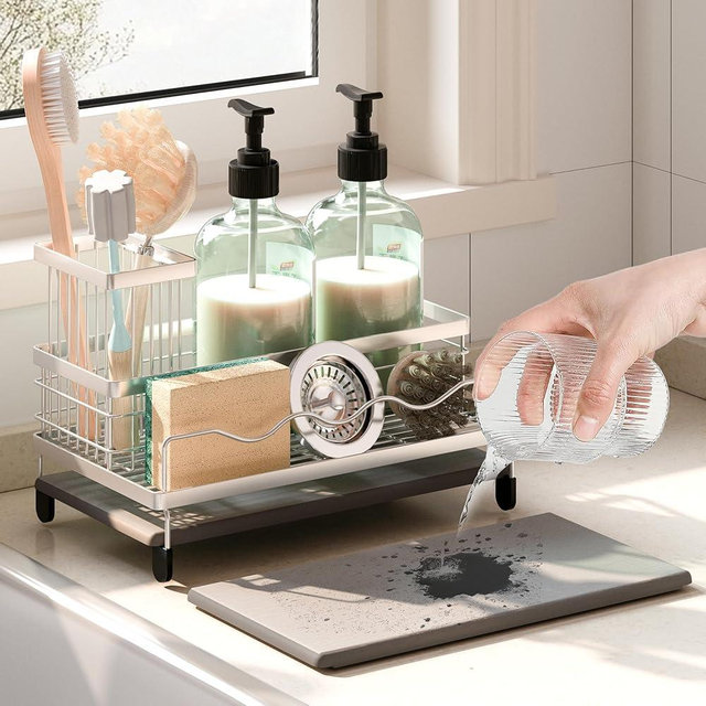FapZox Sink Caddy, Kitchen Sink Organizer with Sponge Holder and Stone Drying Mat, Quick Drying, Stainless Steel Kitchen Caddy Organizer for Sponges, Brushes & Soap