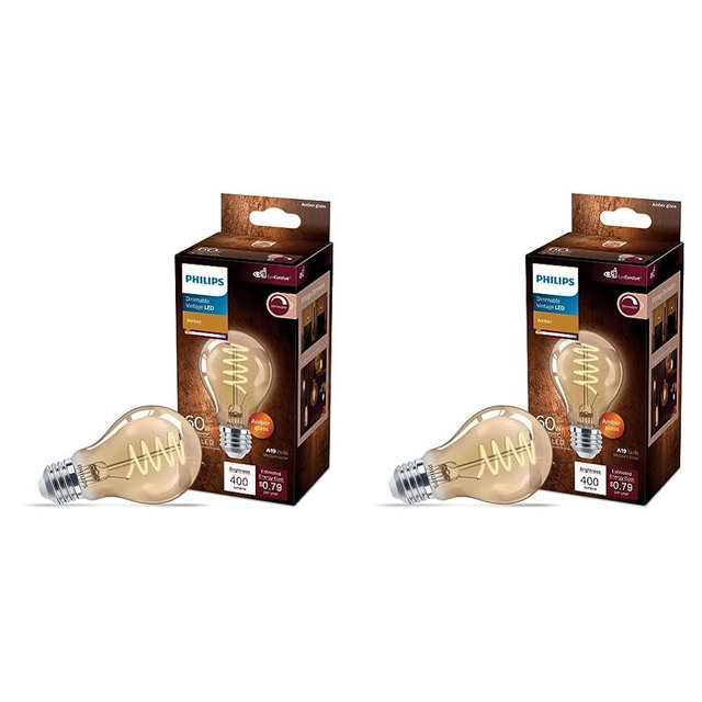 Philips LED Vintage Flicker-Free Amber Spiral A19, Dimmable, Eyecomfort Technology, 400 Lumen, Amber Light(2000K), 6.5W:60W, Title 20 Certified, E26 Base, 2-Pack (565796)