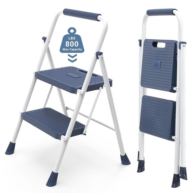 DUMOS Step Ladder, 2 Step Stool Foldable with Anti-Slip Pedal & Comfortable Handrail, 800lbs Capacity Sturdy Steel Ladder, Portable Heavy Duty Step Stool for Kitchen, Garage & Outdoor Use, Blue