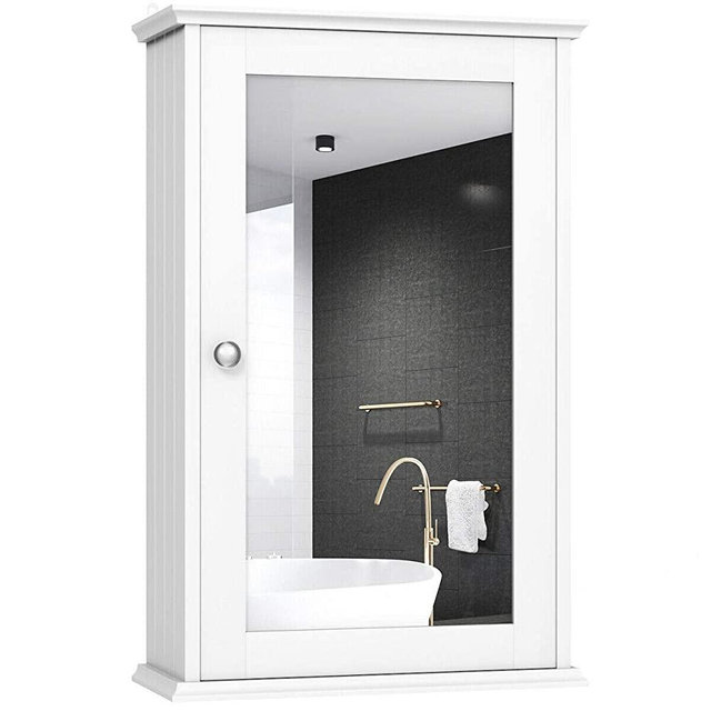 TANGKULA Mirrored Bathroom Cabinet, Wall Mount Storage Cabinet with Single Door, Bathroom Medicine Cabinet, White