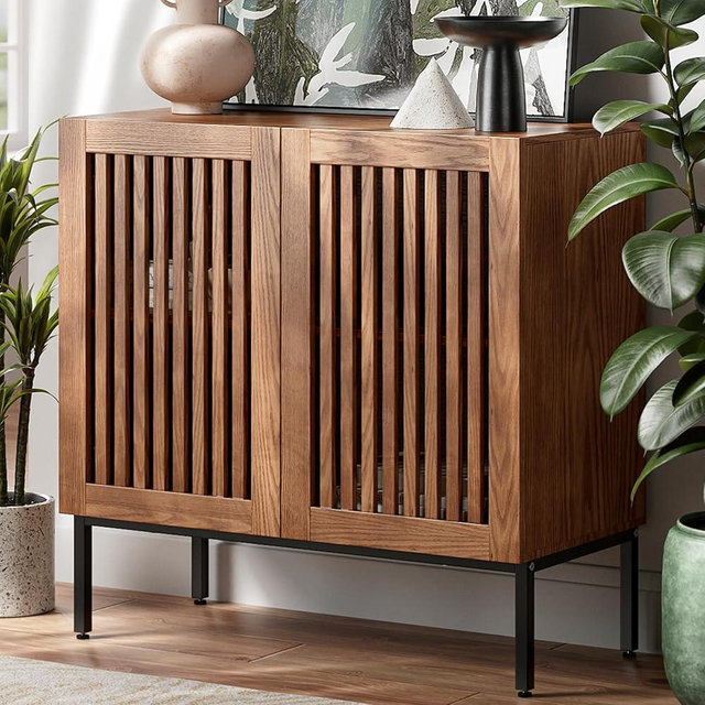 BVIUNTWO Storage Cabinet,31.5" Farmhouse Buffet Cabinet with Metal Base and Adjustable Shelf,Sideboard Coffee Bar Cabinet with 2 Doors for Kitchen,Dining Room,Living Room,Brown