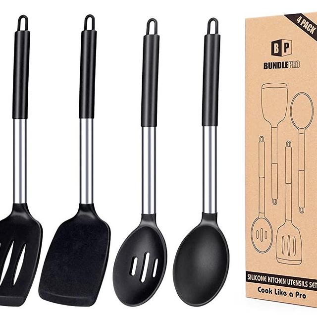 Pack of 4 Silicone Cooking Utensils Set, Non Stick Large Solid Spatulas, Heat Resistant Black Slotted Spoons, Ideal BPA Free Kitchen Turners for Frying, Mixing,Serving,Draining,Turning,Stirring
