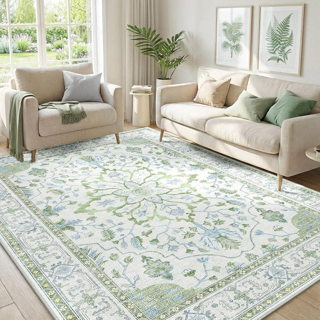 RELEANY Area Rugs 5'x7' Washable Non-Slip, Floral Vintage Distress Print Pattern Medallion Carpet for Living Room Bedroom Dining Room, Green White Blue