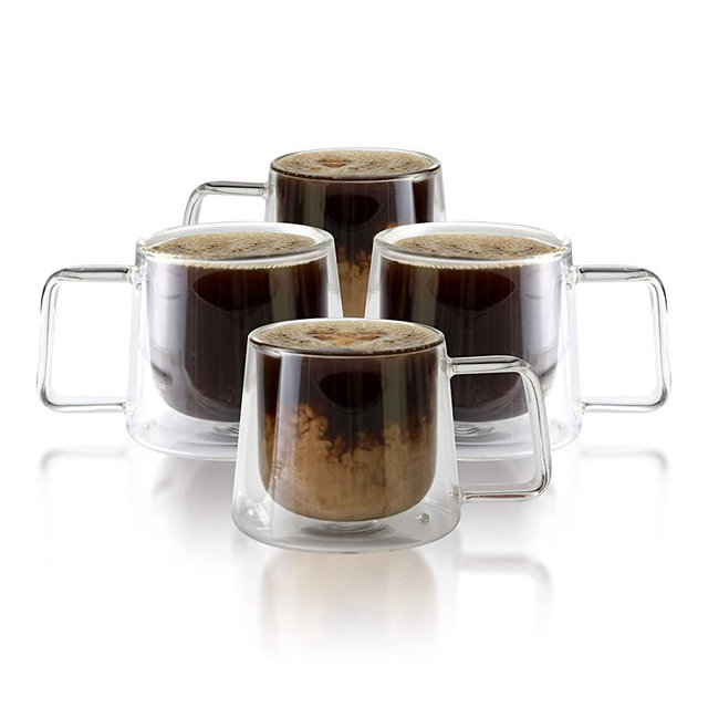 LEMONSODA Double Walled Glass Coffee Drink Mug with Handle - Set of 4 (250 mL / 8.5 fl. oz)