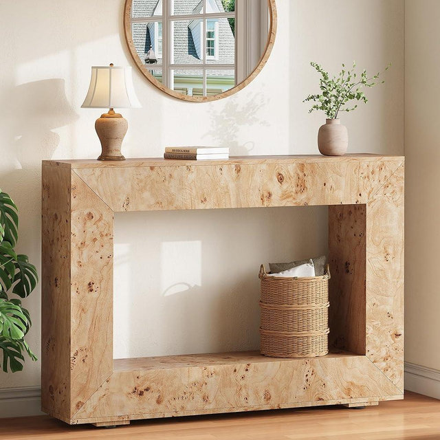 AMERLIFE 47.2" Burl Wood Console Table, Narrow Entryway Table with Storage, Modern Luxury Sofa Table for Living Room, Entrance, Hallway, Foyer & Office, Natural