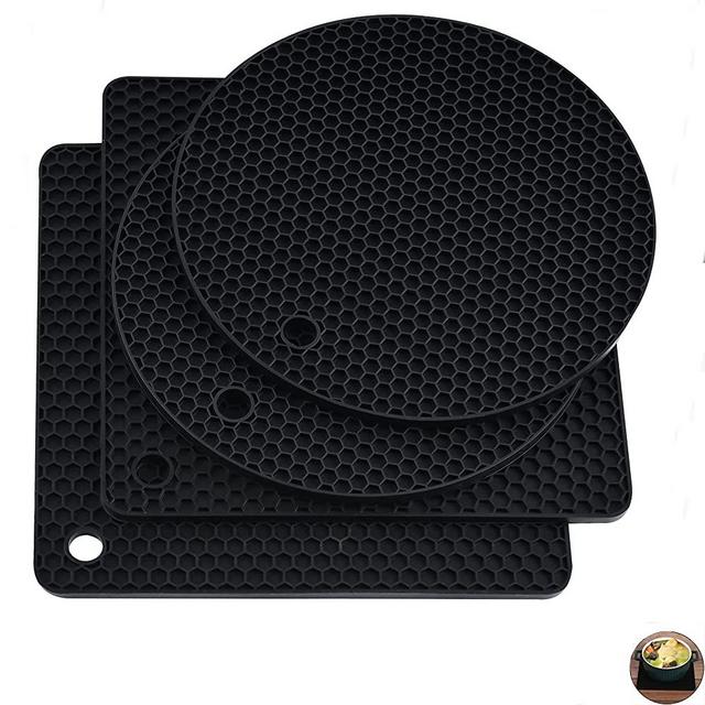 Silicone Trivet Mats,Trivets for Hot Dishes,Heat Resistant Mat,Siliocne Pot Holder,Silicone Hot Pads,Dish Mat for 4 Pack,2Round+2Square(Black)