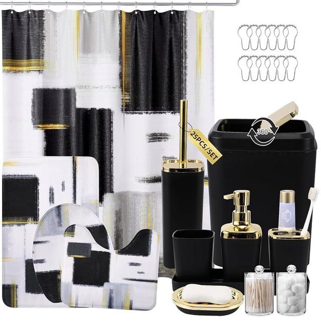 XLHOMO Bathroom Set - Black Bathroom Accessories Set, Bathroom Sets with Shower Curtain and Rugs, Black Shower Curtain Set with Bathroom Trash Can, Soap Dispenser, Soap Dish for Home Decor