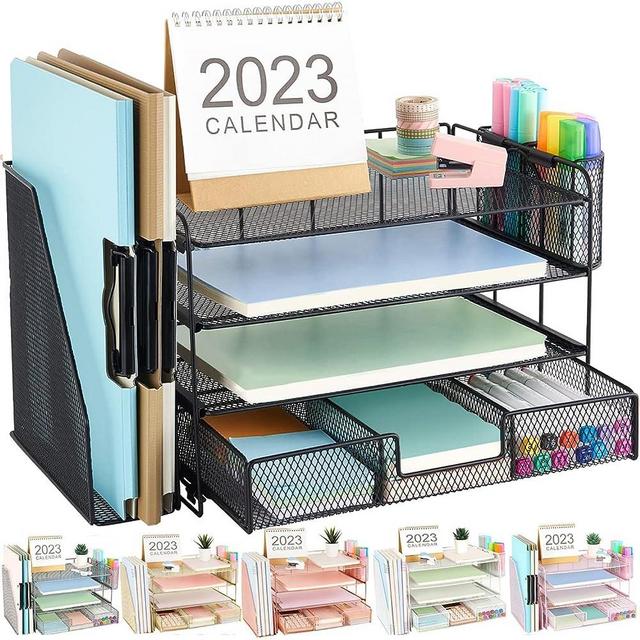 gianotter Paper Organizer with File Holder for Desk, 4 Tier Letter Tray Office Desk Organizers and Accessories - Workspace Organizers with Drawer and 2 Pen Holder for Office Supplies (Black)