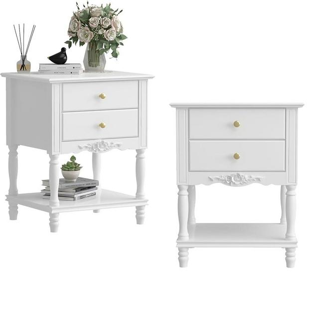 Homsee Set of 2 Vintage Wooden Nightstand with 2 Drawers and Bottom Shelf, Elegant Bedside Table End Side Table for Bedroom, Living Room, White (19.7”W x 16.9”D x 25.2”H)