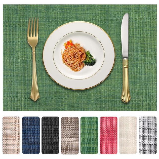 LANDVIEW Vinyl Placemats Set of 6, PVC Woven Washable Non-Slip Table Mats, Heat Resistant Wrinkle Free Place Mats for Dining Table, Easy to Clean (6, Green)