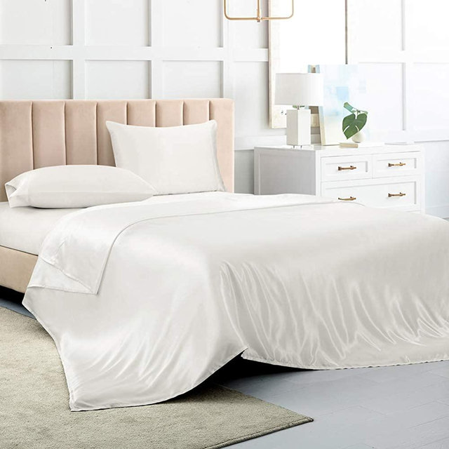 Luxbedding Satin Sheets Queen, White Silk Sheets, Soft Silk Bed Sheets with 1 Deep Pocket Fitted Sheet & 1 Flat Sheet & 2 Silky Satin Pillowcases