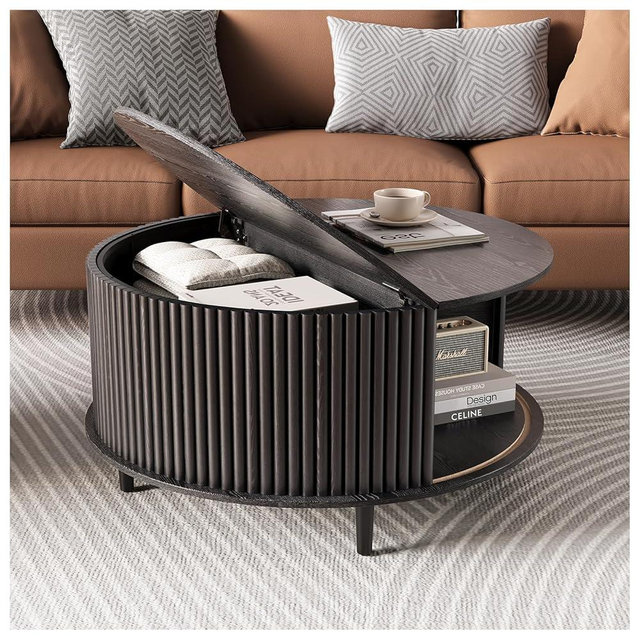JOINICE,Round Coffee Table with Storage, Mid Century Modern Center Table with Sliding Cabinet Door, Fluted Dining Table for Living Room, Home Small Space, 31.5", Black