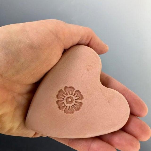 Terracotta sugar keeper-handmade pottery heart with flower stamp, white gift bag- aromatherapy, stocking stuffer