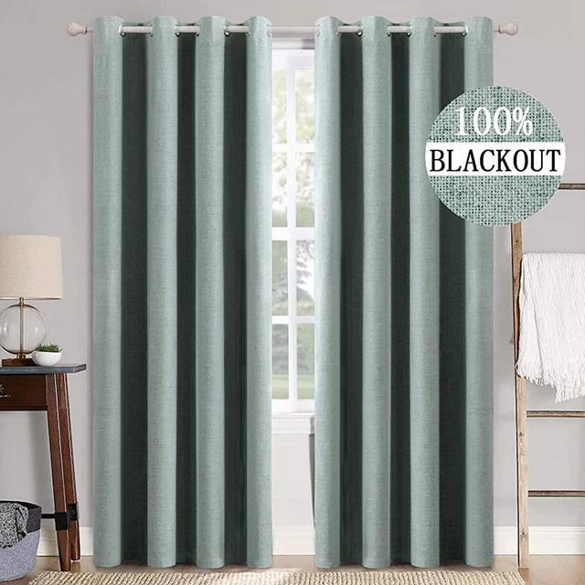 MIULEE Linen Texture Curtains for Bedroom Solid 100% Blackout Thermal Insulated Green Curtains Grommet Room Darkening Curtains/Draperies Luxury Decor for Living Room Nursery 52x84 Inch (2 Panels)