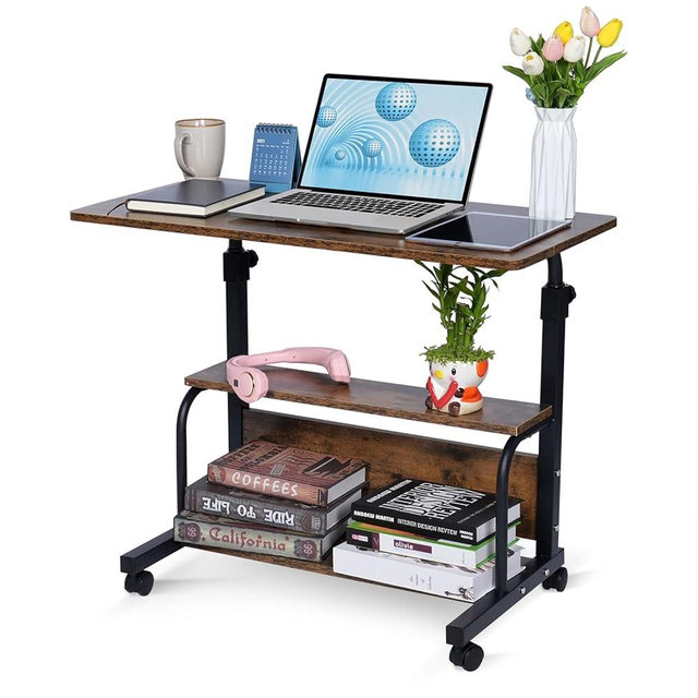 QZMDSM Portable Rolling Desk Adjustable Laptop Desk Small Standing Desk Home Office Desks for Small Spaces Table, 31.5" Rustic Uplift Study Desk Mobile Computer Work Desk on Wheels