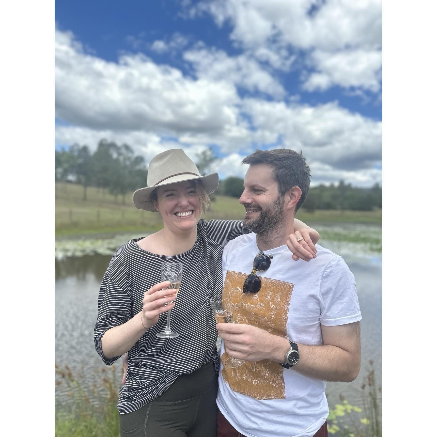 Newly engaged lakeside at the Gables