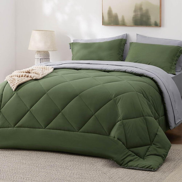 Bedsure King Size Comforter Set - 7 Pieces Reversible Dark Olive Green Bedding, King Size Bed Set for All Seasons, Bed in a Bag with Down Alternative Comforter, Sheets, Pillowcases & Shams