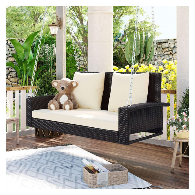 2-Person Wicker Hanging Porch Swing with Chains,Cushion, Pillow,Rattan Swing Bench for Garden,Backyard,Pond-Maison Boucle