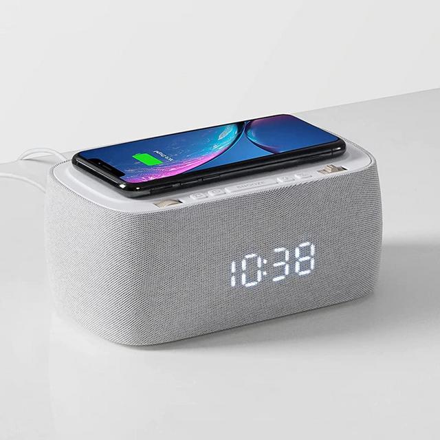 EZVALO Alarm Clock with Wireless Charger,Multifunctional Digital Clock Radio with Speaker,Dimmable LED Display with 9V&2A Fast Charging Port,Night Light for Bedroom, Gray