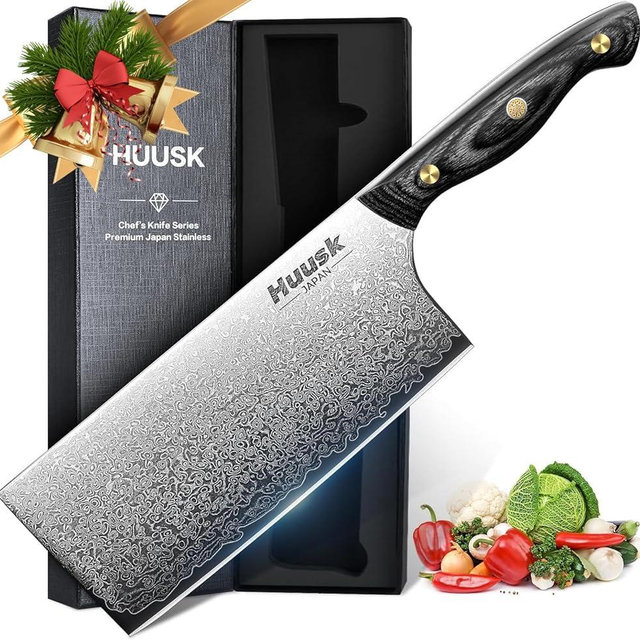 Huusk Damascus Cleaver Knife 7 inch, VG10 Butcher Knife for Meat Cutting, Kitchen Knife with Wood Handle for Chopper Vegetables Hand Forged Chooping Knife, Birthday Dad Mom Gift