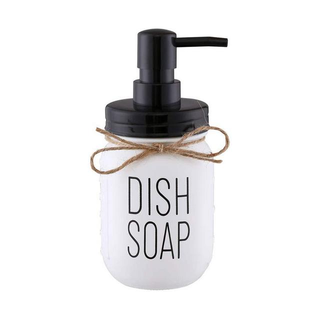 Elwiya White Glass Mason Jar Dish Soap Dispenser with Black Plastic Pump and Lid - 16 Ounce Farmhouse Glass Mason Jar - Rust Proof - Rustic Kitchen Sink Countertop Home Decor