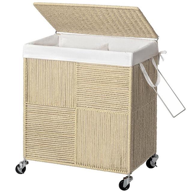 WOWLIVE Double Laundry Hamper with Lid, Handwoven Rolling Laundry Basket with Wheels, 115L Dirty Clothes Hamper with Removable Liner Bag Large Laundry Sorter Laundry Room Organization,Light Beige