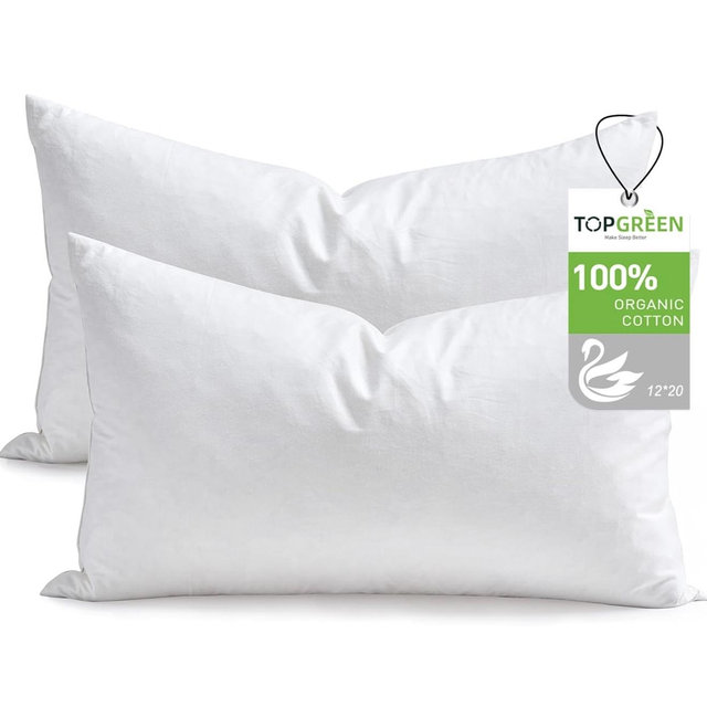 TOPGREEN Feathers Down Throw Pillow Inserts 12x20, Set of 2, 100% Organic Cotton Shell, Soft Decorative Lumbar Pillow Insert for Living Room Sofa, Couch, or Bed (White)