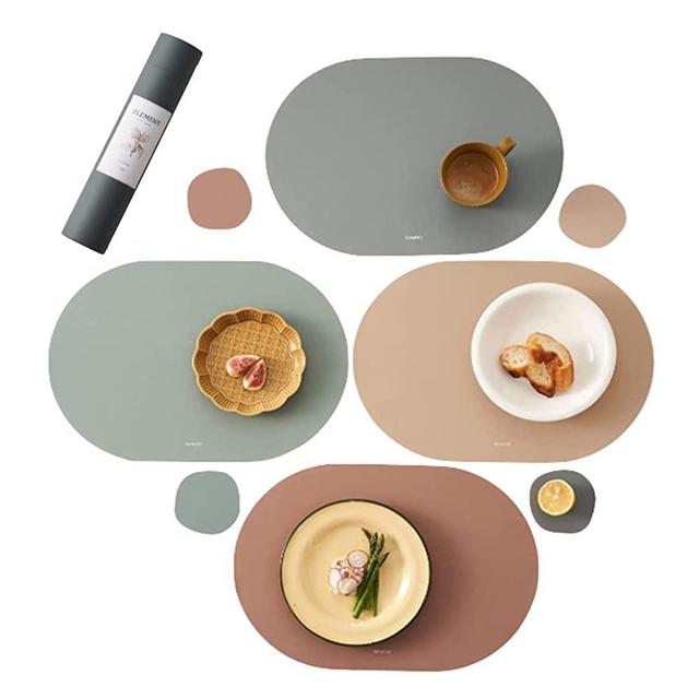 Placemats, Silicone Placemats, Set of 4, Non-Slip, Oil Proof, Water Proof, Heat Resistant, Stain Resistant, Easy to Clean, Leather Texture Finish, Oval (Matt Combo + Coaster)